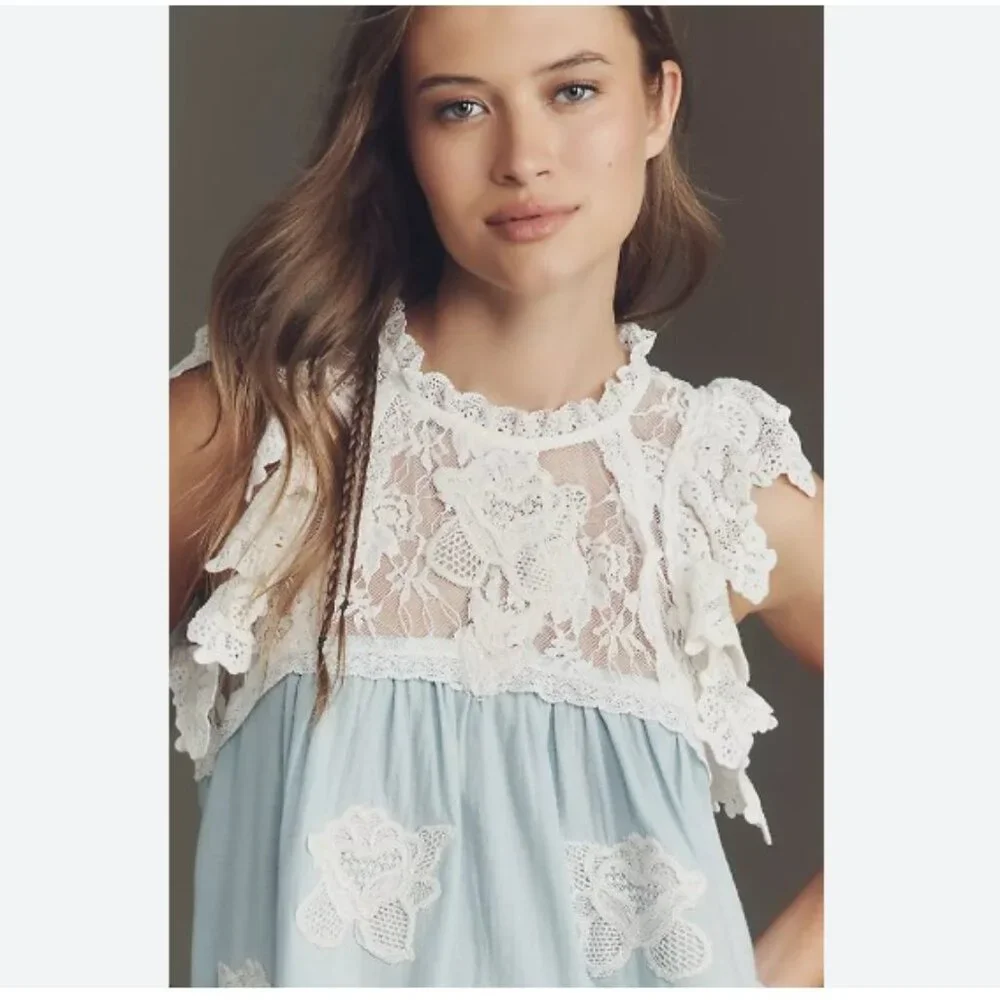 By Anthropologie Lace Appliqué Swing Top in Ivory Pattern - Size Small - NWT - Picture 4 of 7